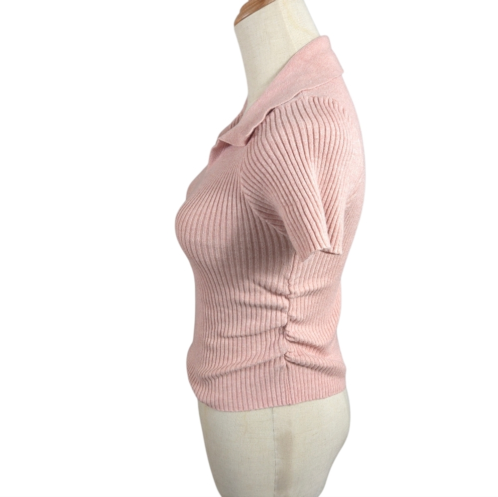 TWEE Pink Ribbed Collared Ruched Sweater Top - Picture 5 of 7